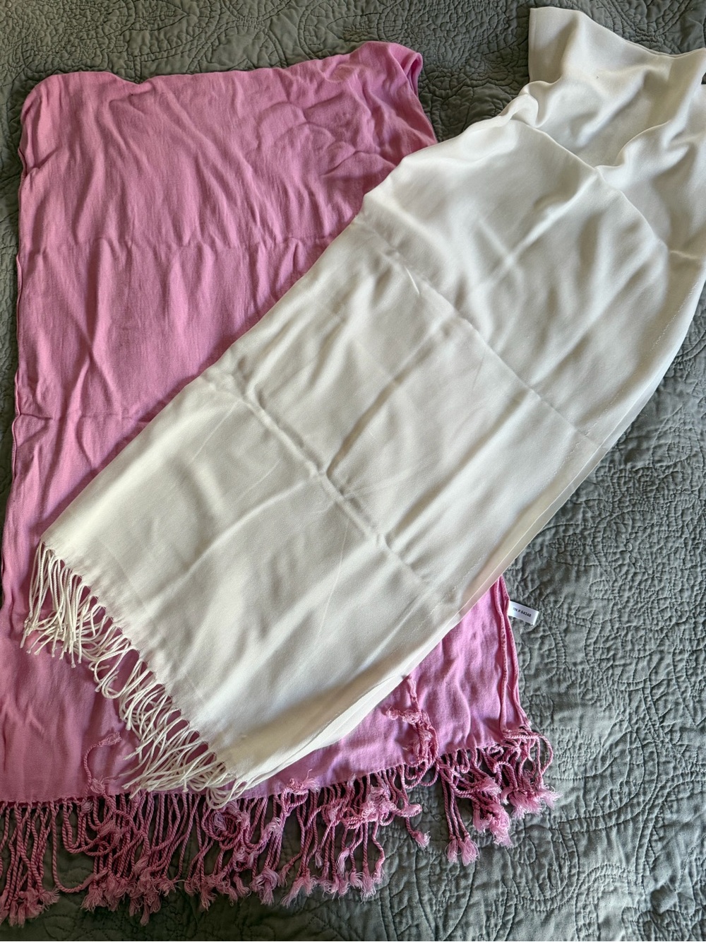 2 for 1 Soft Fringe Scarf/ Wraps - White & Pink